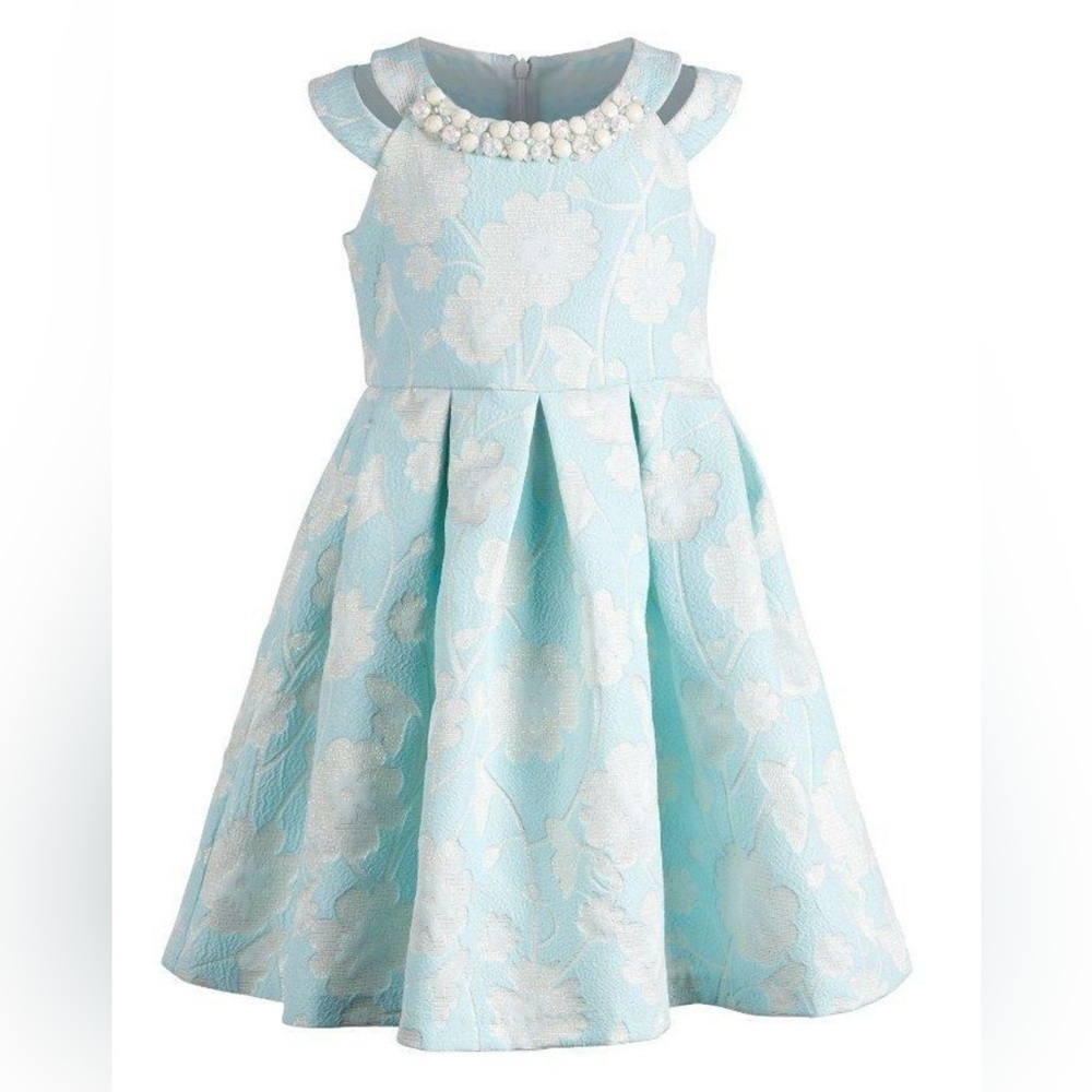 Bonnie Jean Toddler Girls Aqua Floral Jacquard Dress with Pearl Accents